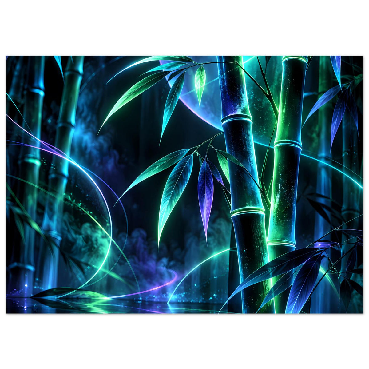 Horizontales Neon-Bambus Poster mit farbigen Neonlinien und reflektierender Wasseroberfläche