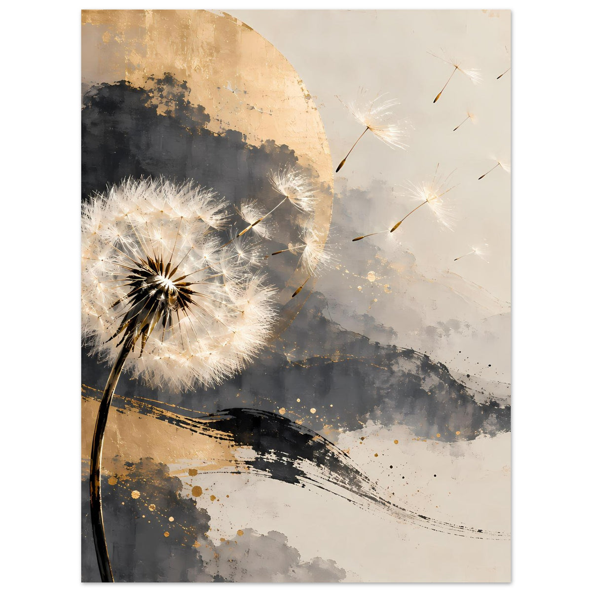 Kunstposter Pusteblume mit Sternen und gold-grauem Farbverlauf, großflächige Pinsellinien