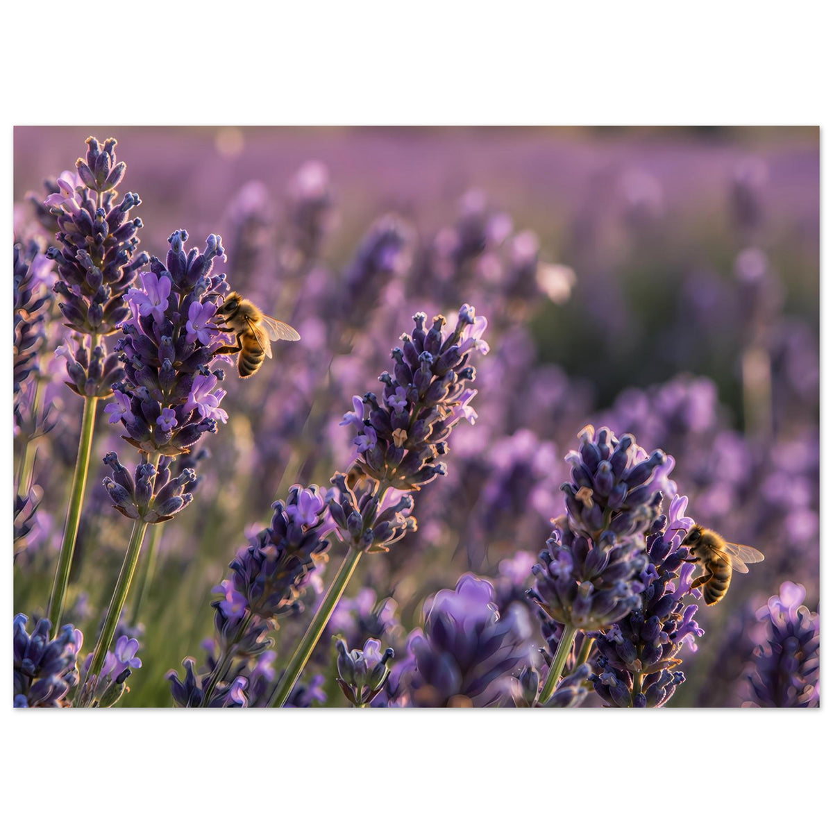 Lavendelblüten-Poster mit Bienen, horizontale Darstellung blühender lila Rispen