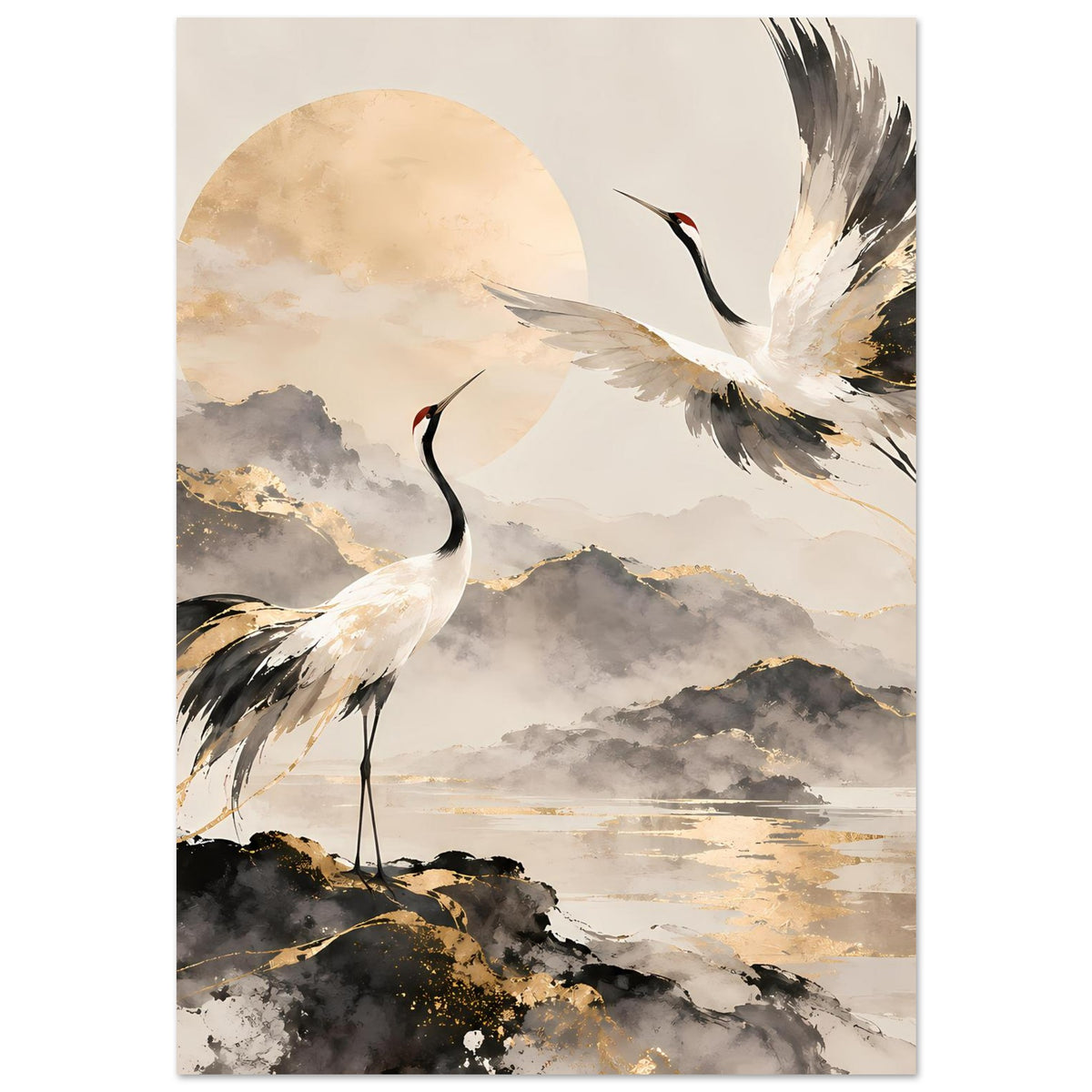 Poster mit Kranichen über Landschaft; goldener Halbkreis, Rauch- und Grauschattierungen