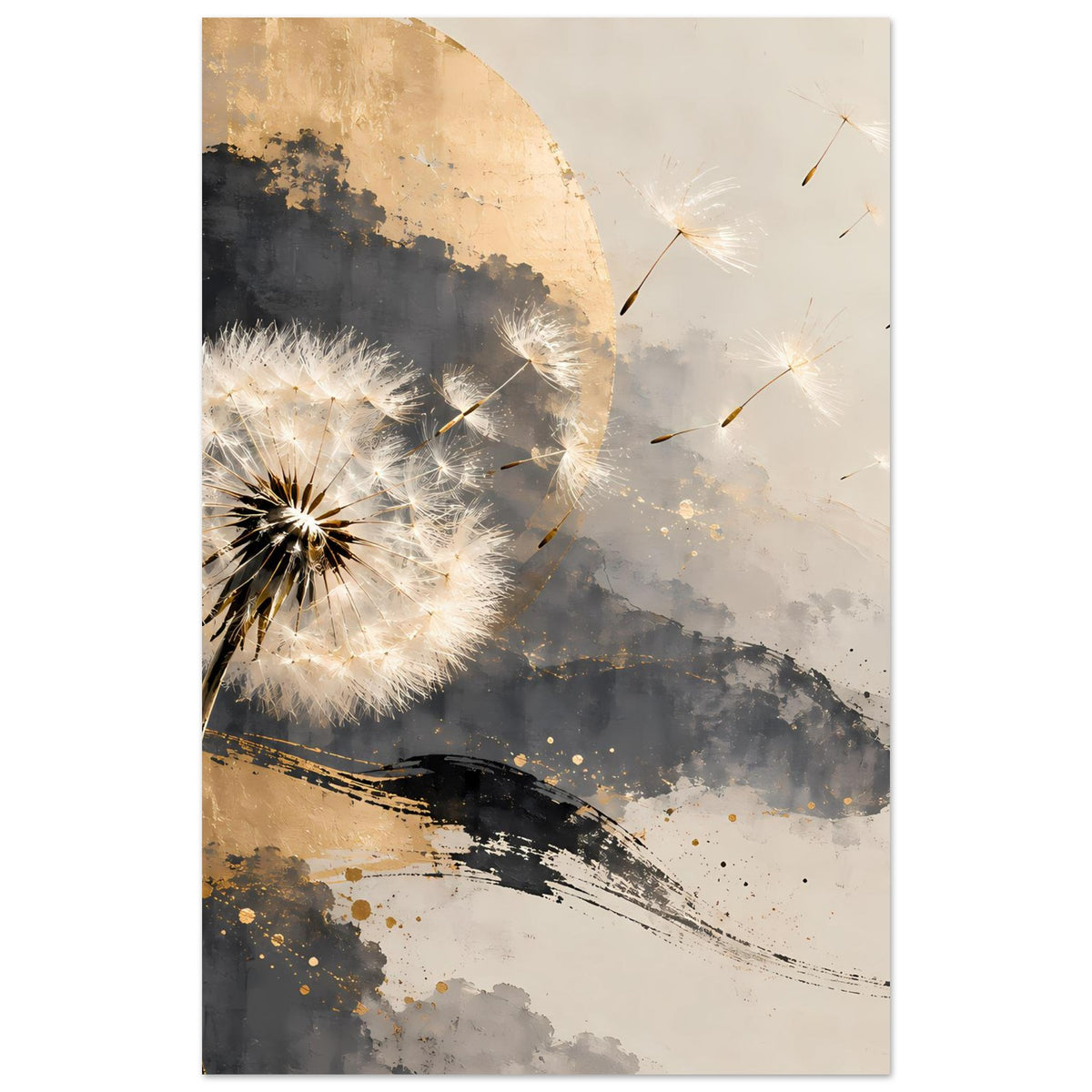 Hochformatiges Kunstposter mit Pusteblume in Gold-, Grau- und Weißtönen, abstraktem Hintergrund