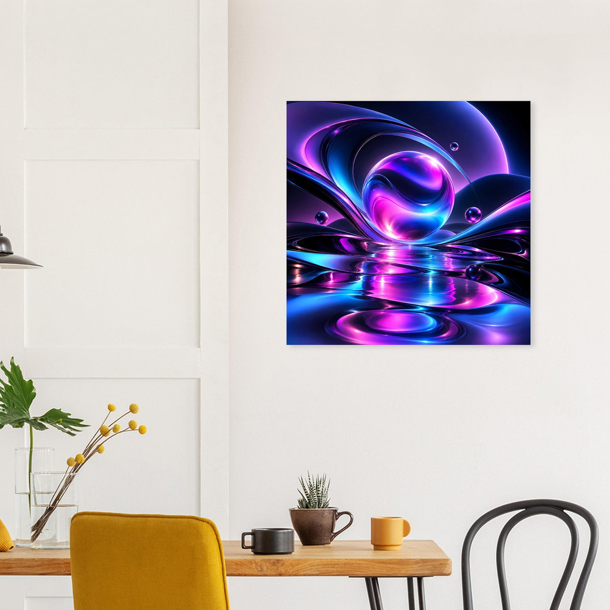 Quadratisches Neonkunst-Poster: Blau-Violett Wirbel mit glänzenden Lichtreflexen und Punkten