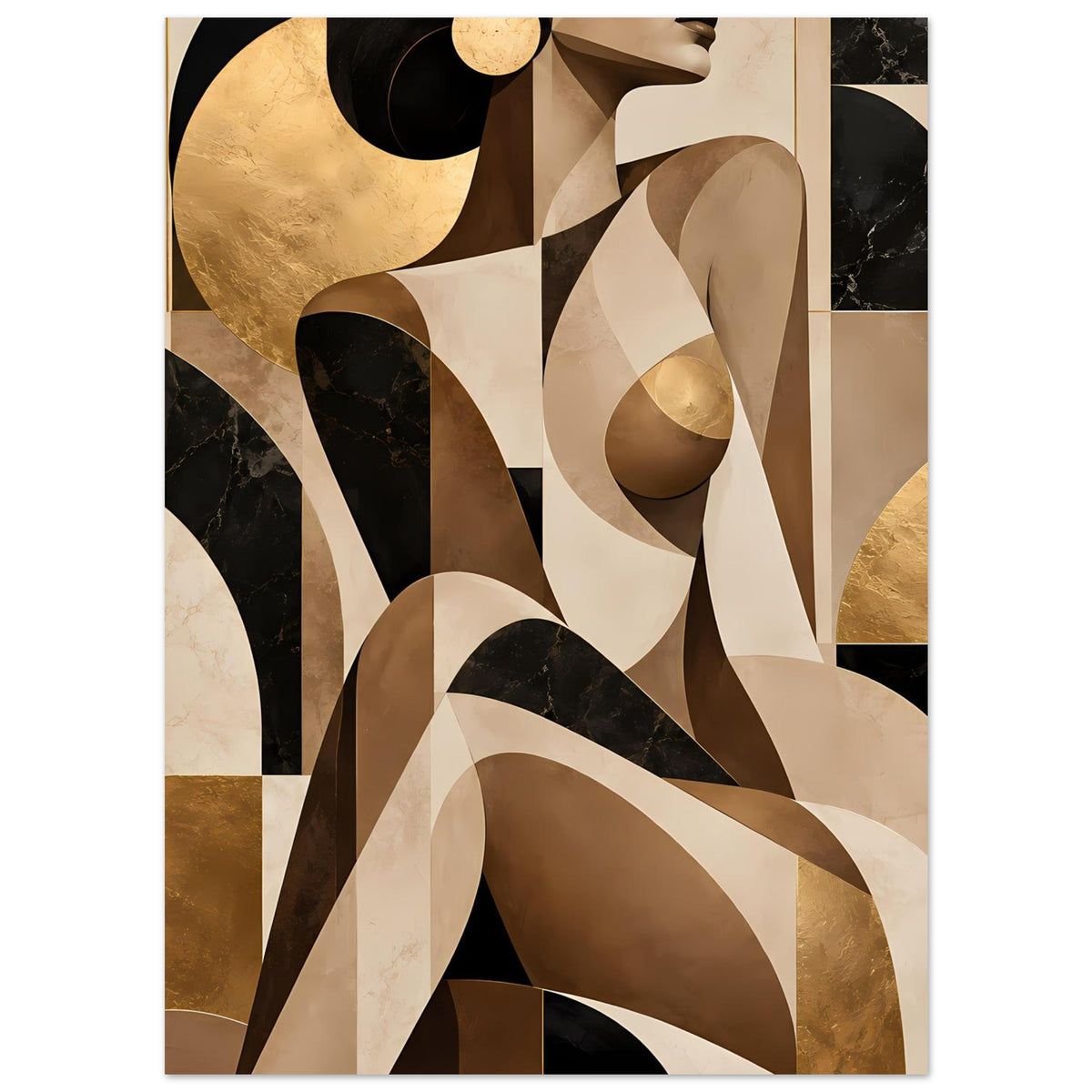 Poster mit abstraktem Figurenmotiv in warmen Erdtönen: Gold, Beige und Schwarz in geschichteten Formen