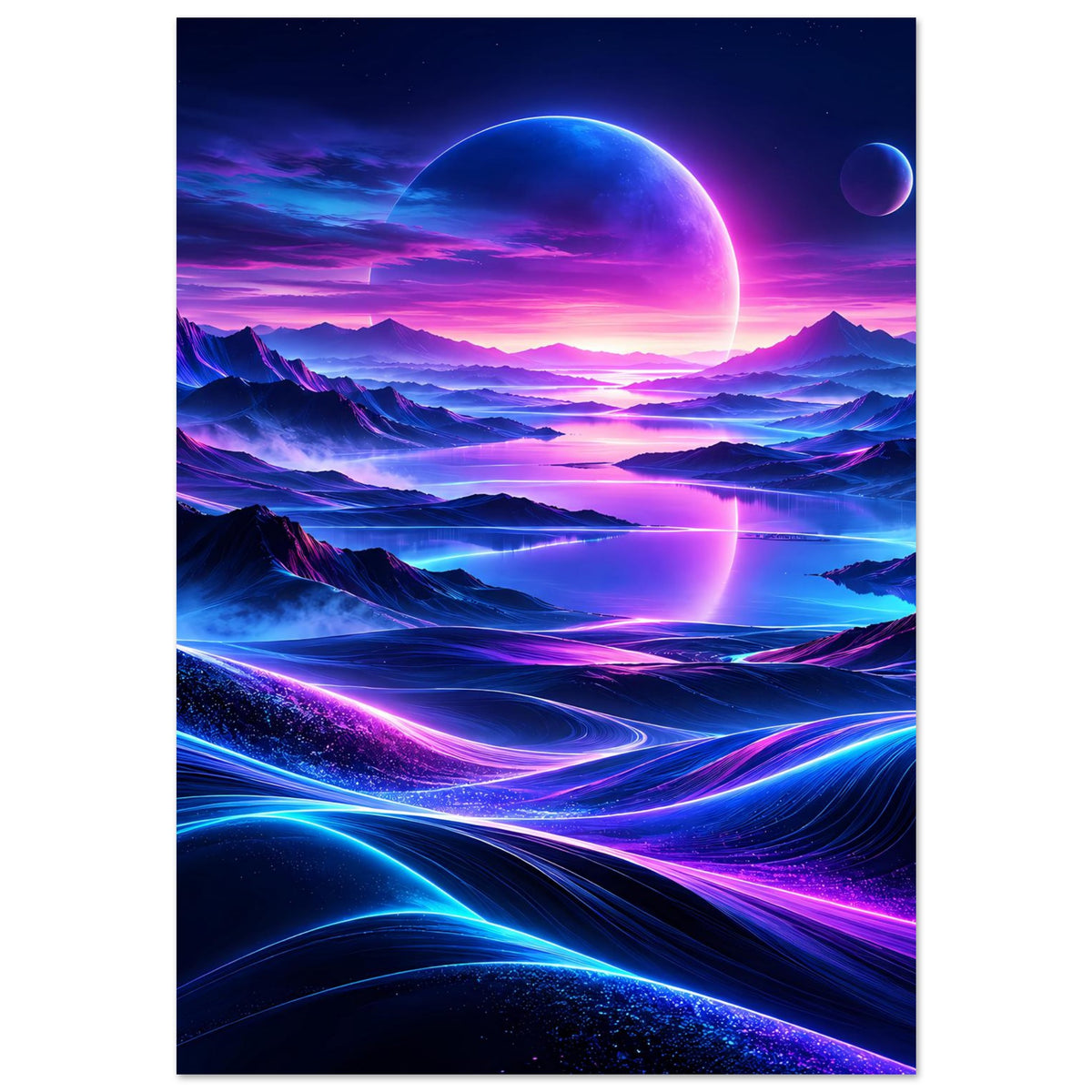 Neon-Weltraum-Poster mit leuchtendem Planetenhorizont, violettem Himmel und blauen Neonlinien