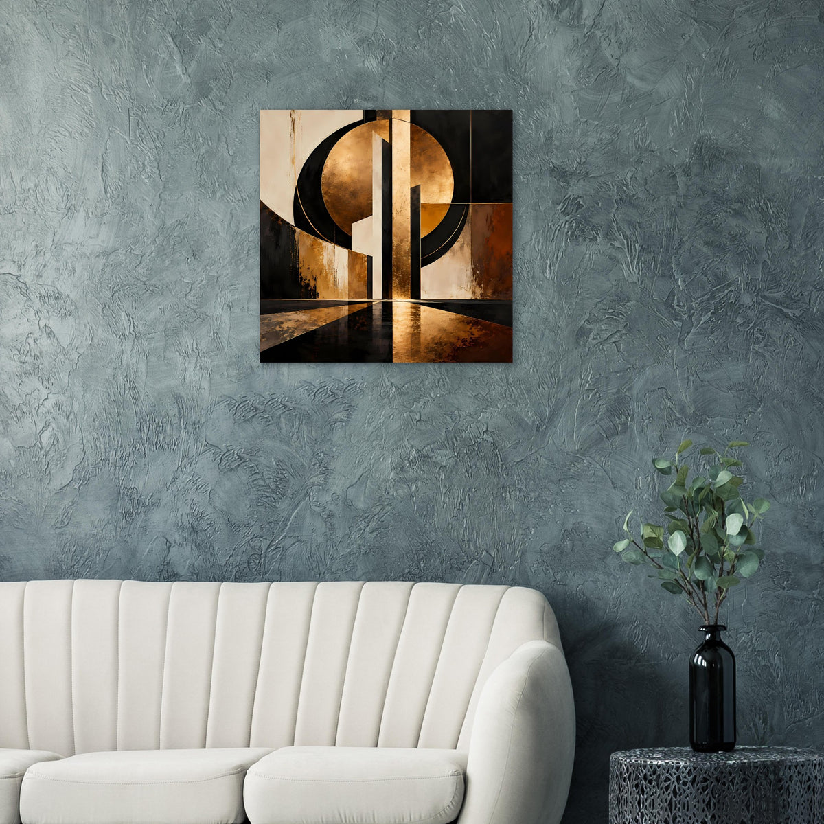 Abstraktes Wandposter in Gold und Schwarz mit Ringformen und vertikaler Mittellinie