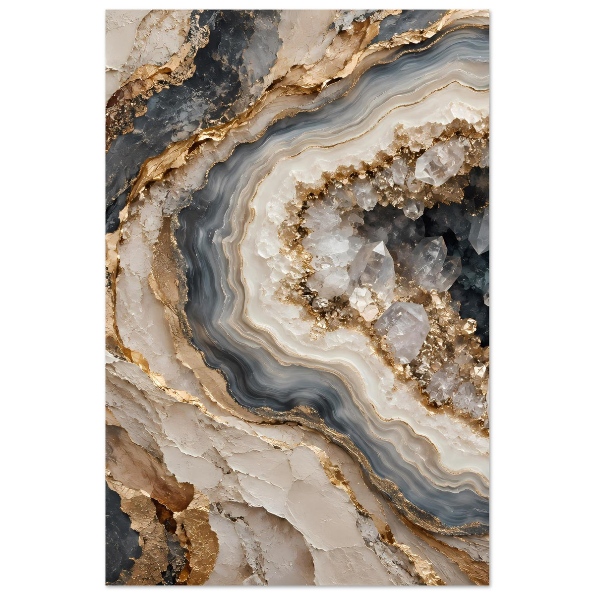 Geoden-Poster (Hochformat) mit graublauen Schichtwellen und goldener Drusenlinie