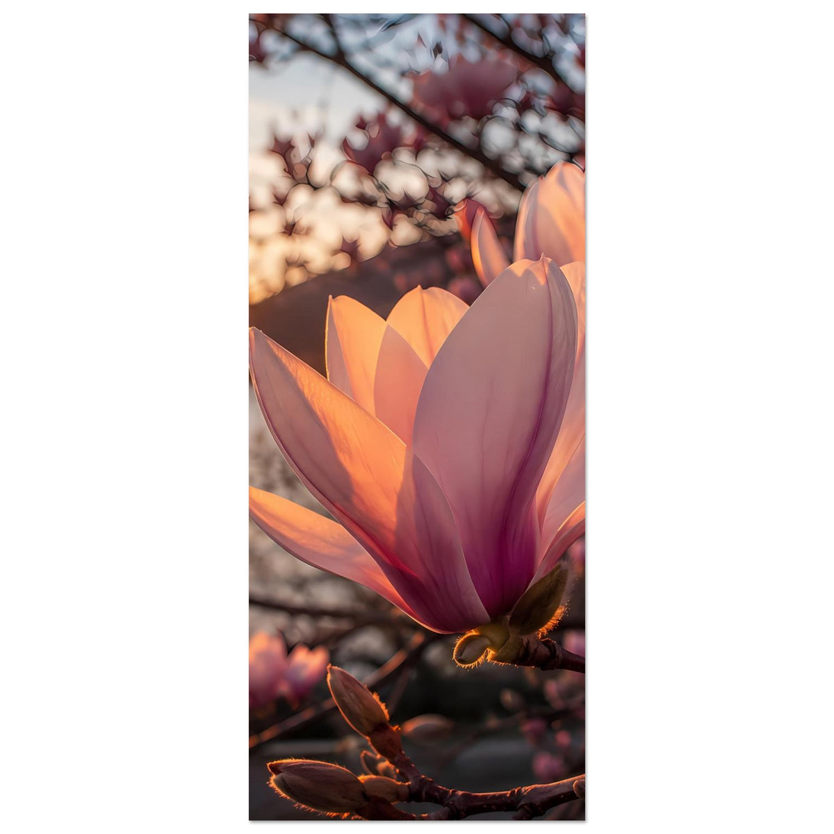 Magnolienblüten Poster hochkant mit orange-roten und rosa-lila Blütenknospen am Ast
