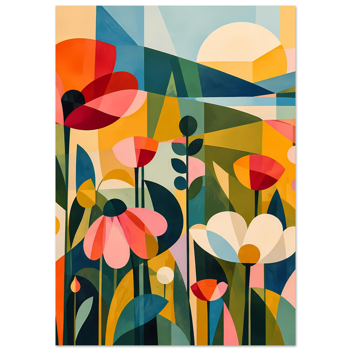 Abstraktes Blumenposter mit mehreren Blütenköpfen, Gräsern und Kreislichtern in Pastellfarben