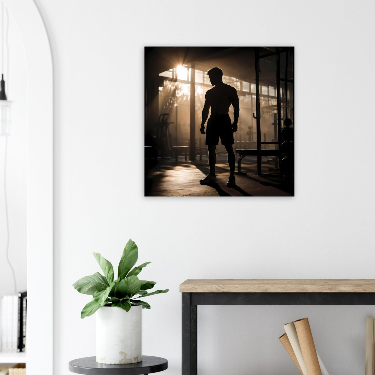Fitness-Poster: Silhouette eines Läufers, Abendlicht zwischen Gebäuden