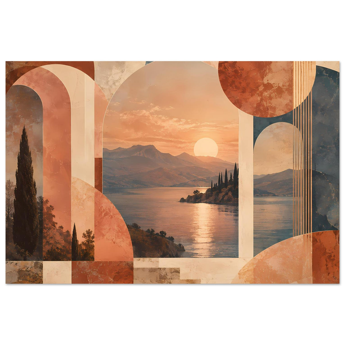 Abstraktes Poster: Sonnenuntergang über See, warmen Erdtönen, große Bögen und Kreise