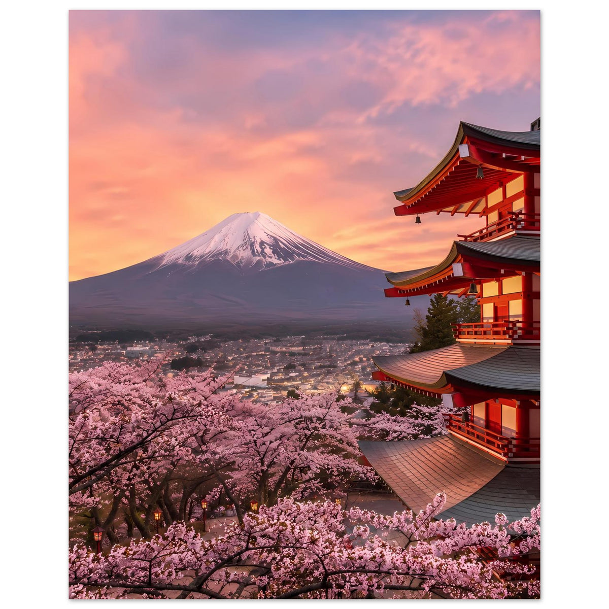 Poster mit Fuji-Berg, rosa Blütenwäldern unten und roter Pagode seitlich rechts