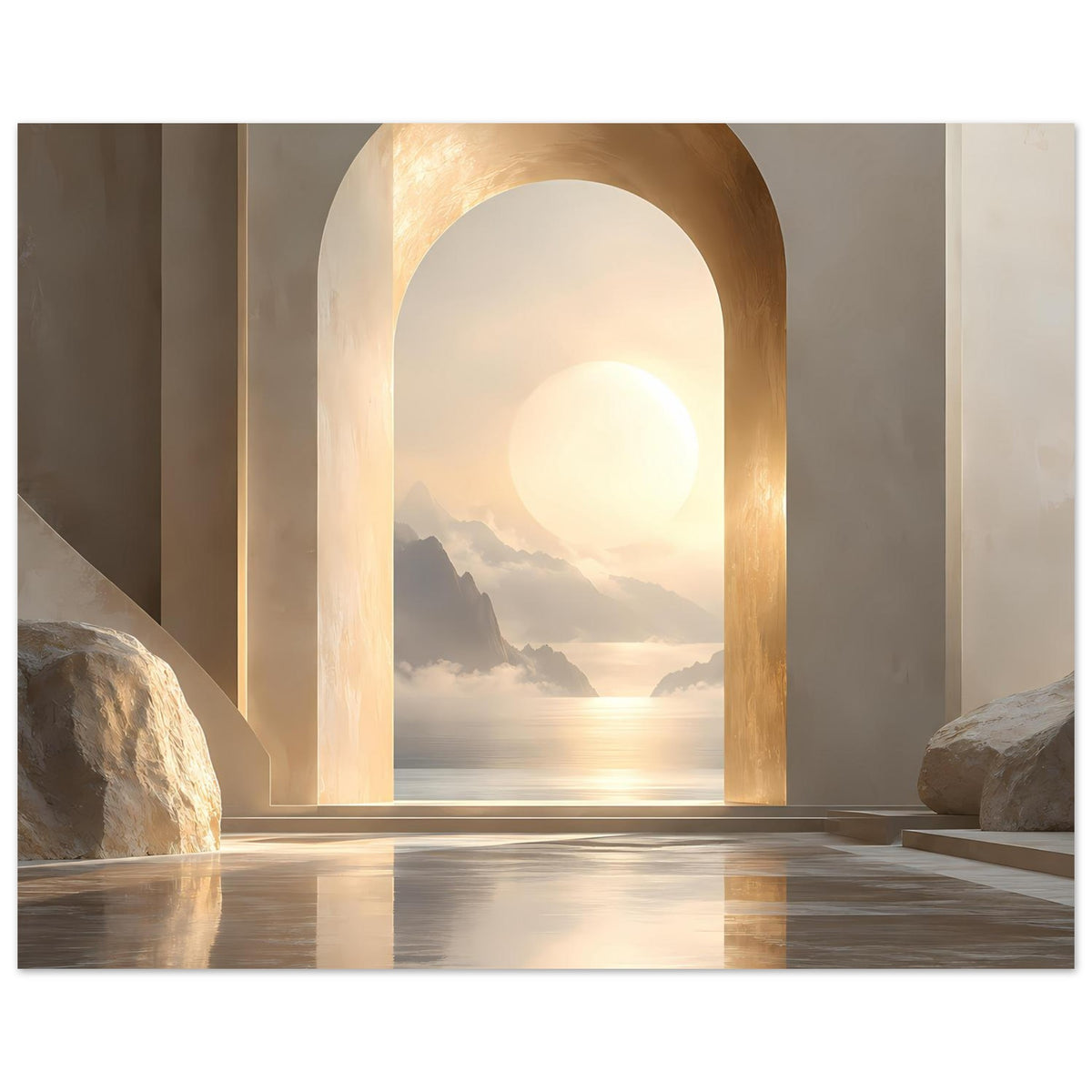 Zen-Wandposter mit Bogenöffnung, Abendsonne über Bergsee, Felsblöcke an beiden Seiten
