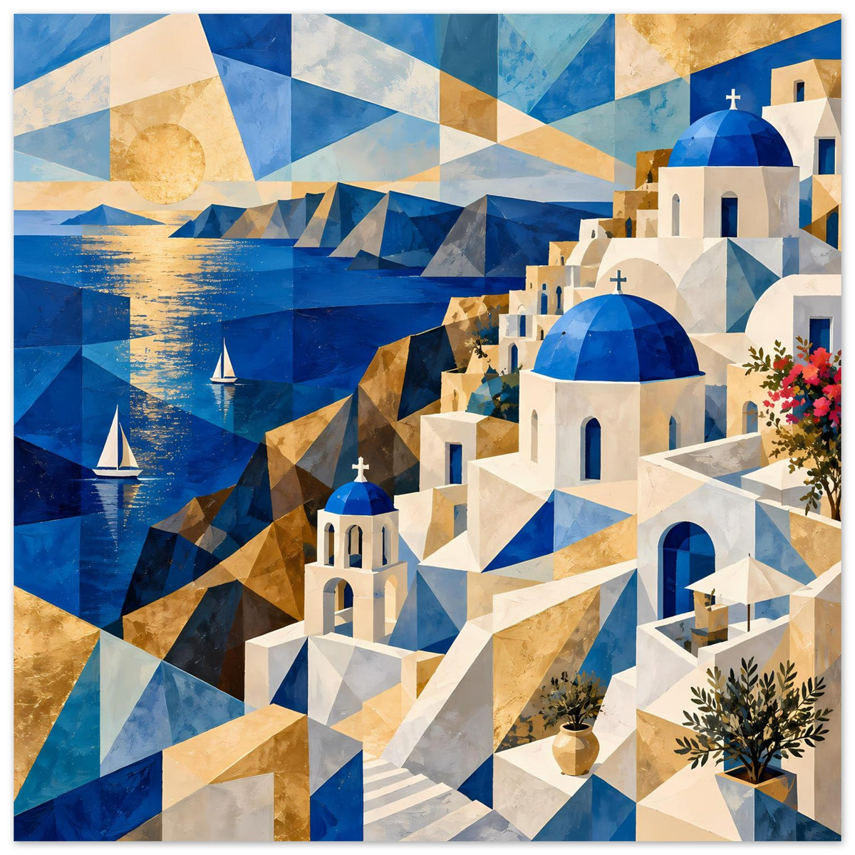 Geometrisches Poster mit blau-goldener Landschaft, weiß-blauen Kirchen und goldenen Segelbooten