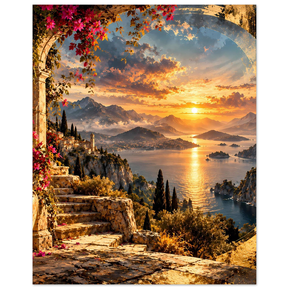 Küstenposter im Hochformat: Sonnenuntergang am Meer mit Nebelbergen und Uferblick
