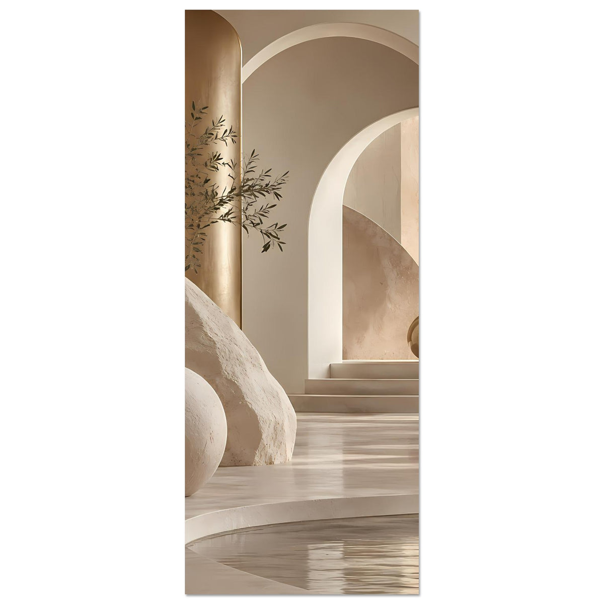 Architekturposter im Hochformat mit Rundbögen und Sand-Gold-Motiv, Pflanzenornament links