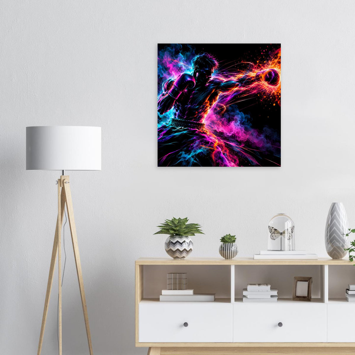 Quadratisches Poster mit Neon-Boxer-Illustration und leuchtenden Farbkontrasten