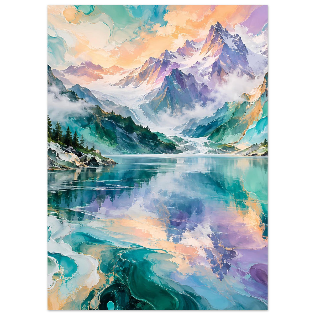 Posterdruck mit Gebirgslandschaft und reflektierendem See, pastellig in Türkis und Violett