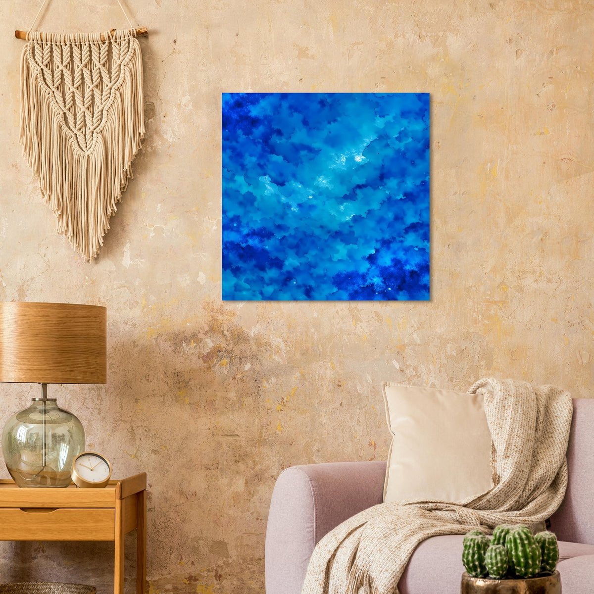 Blaues abstraktes Kunstposter mit aquarellartiger Textur und Lichtpunkten