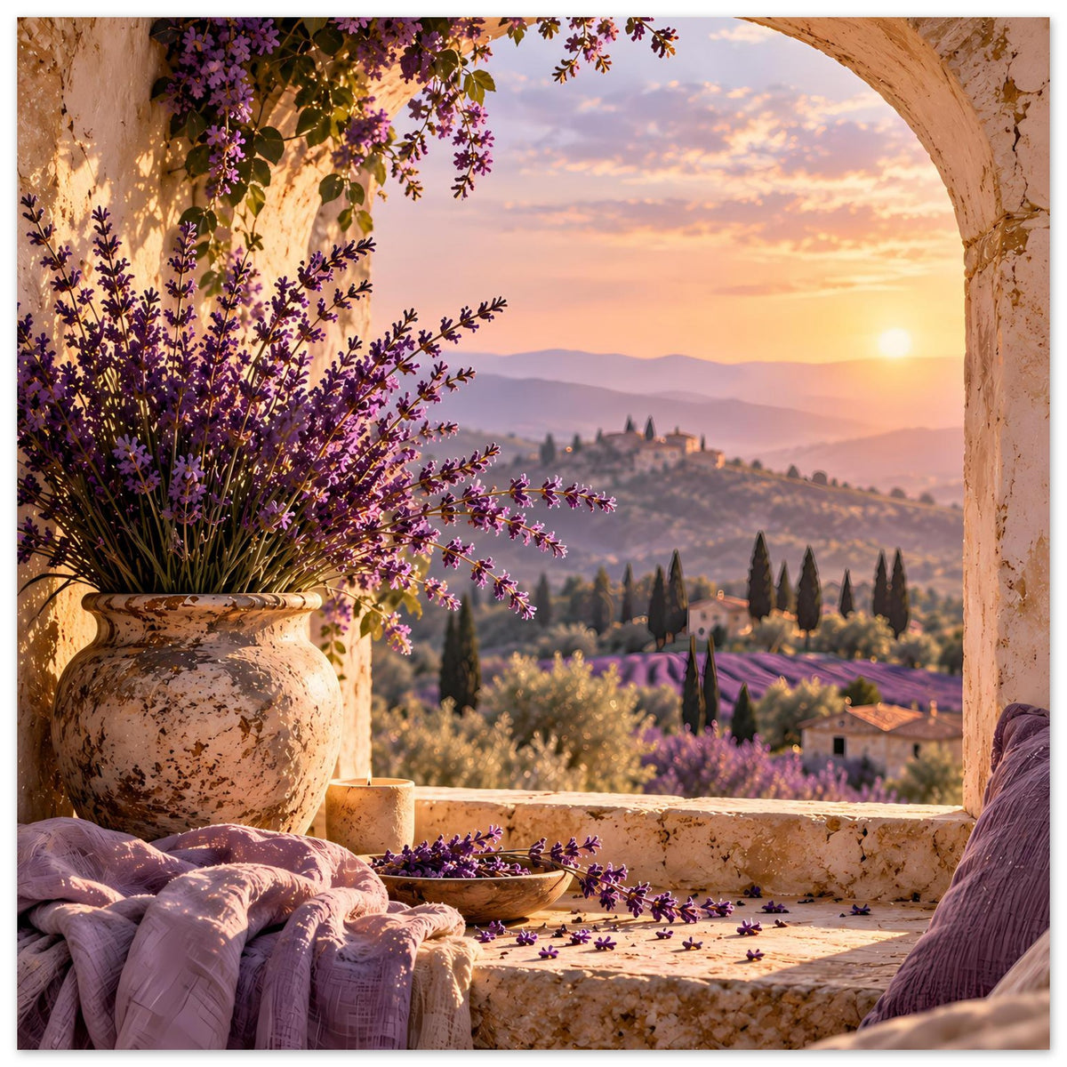 Poster im Hochformat: Lavendelblüten, Vase und Steingewölbe bei Sonnenuntergang