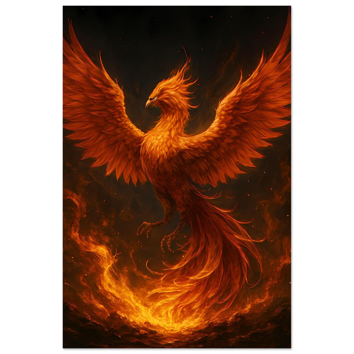 Feuriges Phönix-Poster (Hochformat) mit Flammenrand und zentralem Phönixflügelpaar