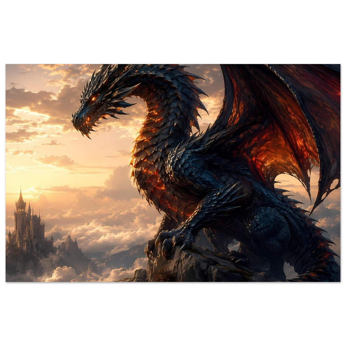 Drachenfantasy-Poster: blauer Drache über Wolken, rote Flügelfläche und glühendes Auge