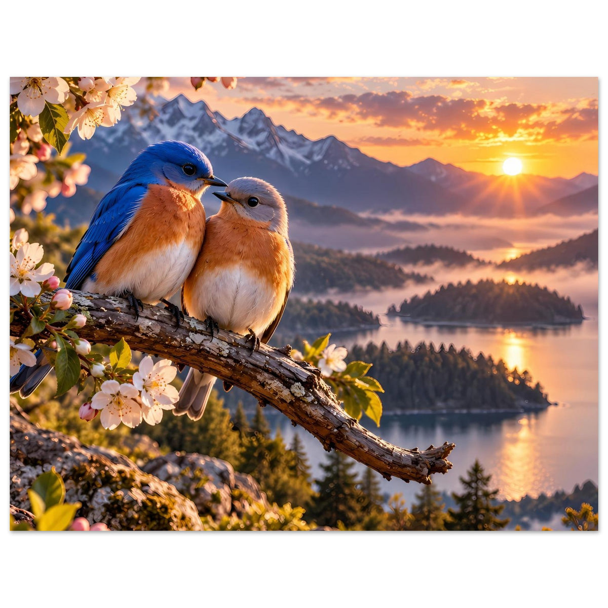 Querformat-Poster mit zwei blauen und braunen Vögeln auf Ast im Sonnenuntergang