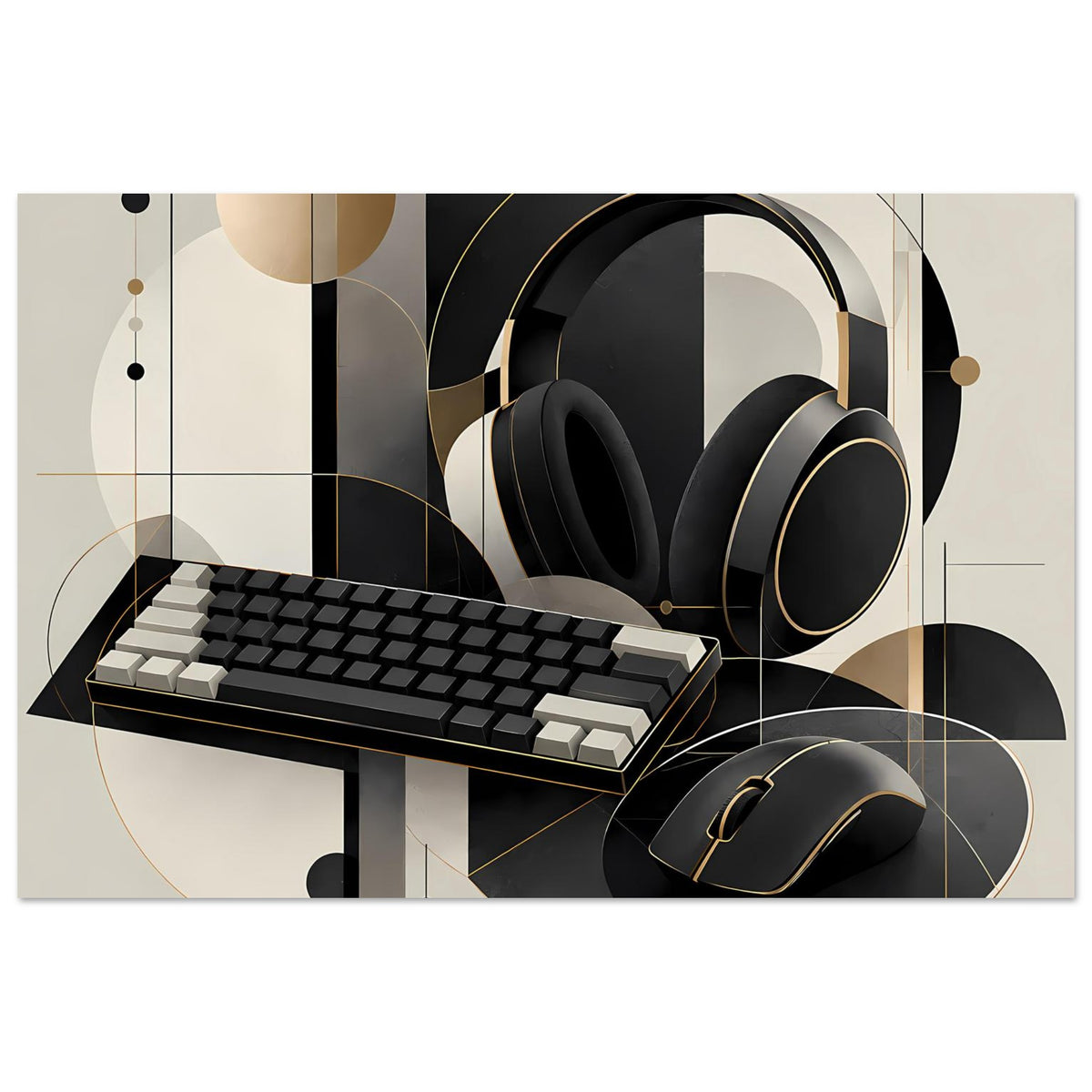Gaming-Poster mit Keyboard im Vordergrund, dazu Headset und Maus in Schwarz-Gold-Optik