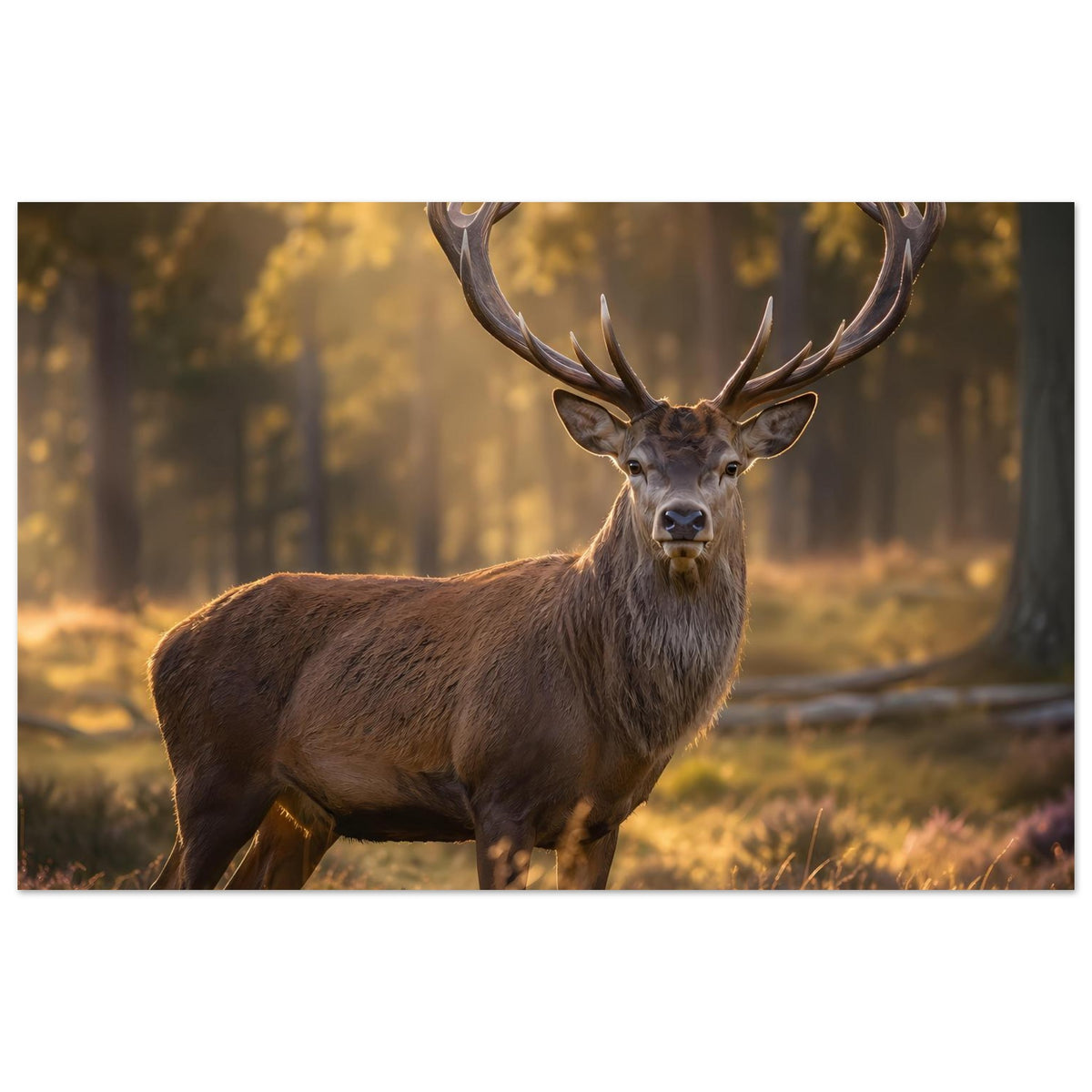 Breitformat-Poster mit Hirsch im Wald, braunes Fell, markantes Geweih, seitliche Pose