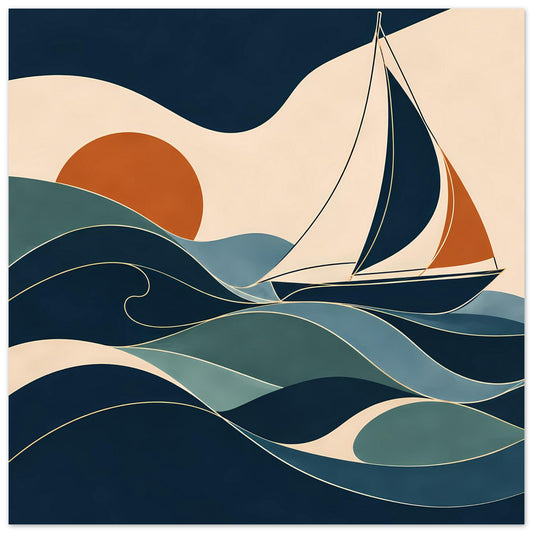 Abstraktes Segelboot-Poster mit Wellen und Farben in Blau, Petrol, Orange und Beige