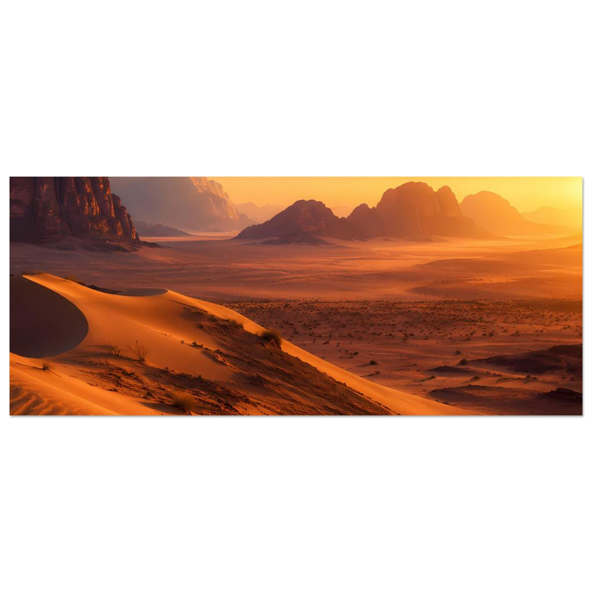 Horizontales Poster mit Wüstendünen: orange Sonnenuntergang und felsige Silhouetten