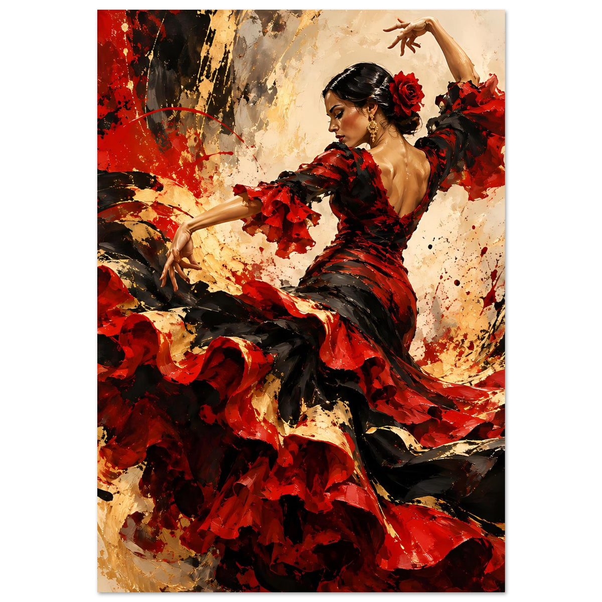 Poster mit Flamenco-Tänzerin in Rot und Schwarz, Pose im seitlichen Profil