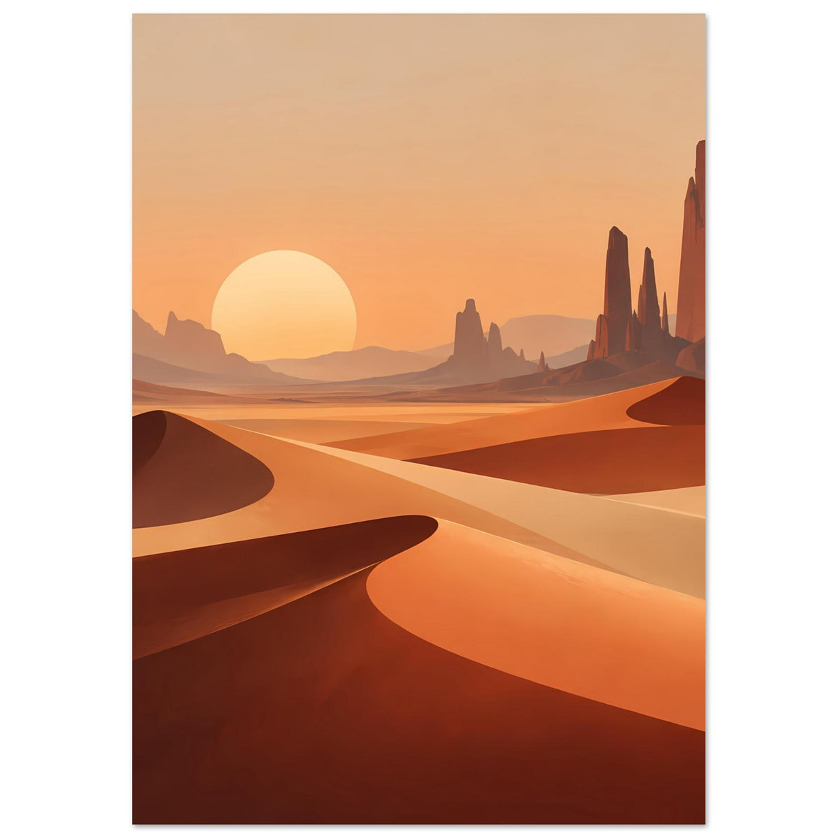 Poster mit Wüstenlandschaft: orangefarbene Dünen und markante Felsentürme, große Sonne