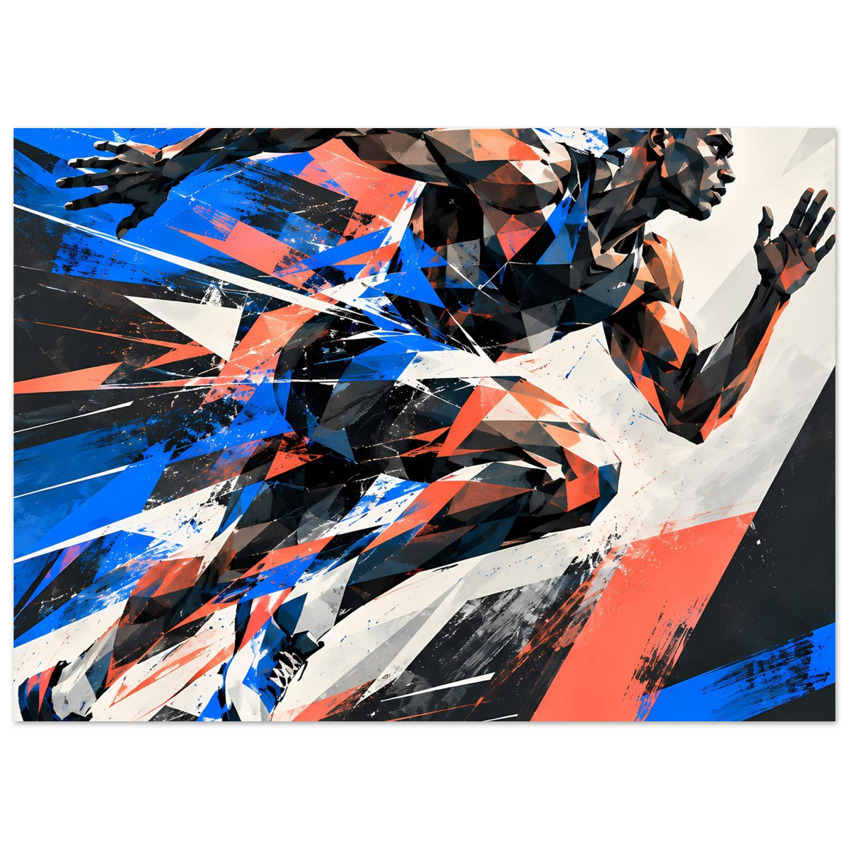 Dynamisches Poster: Sportler in Fragmenten, Blau-, Orange- und Schwarztöne, diagonal