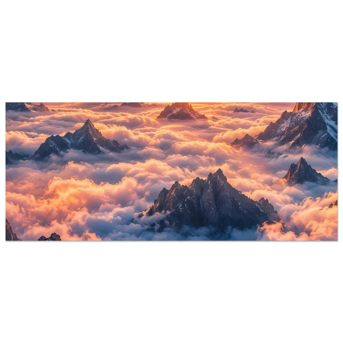 Wandposter mit Panorama-Sonnenaufgang über Bergen im Wolkenmeer, horizontal