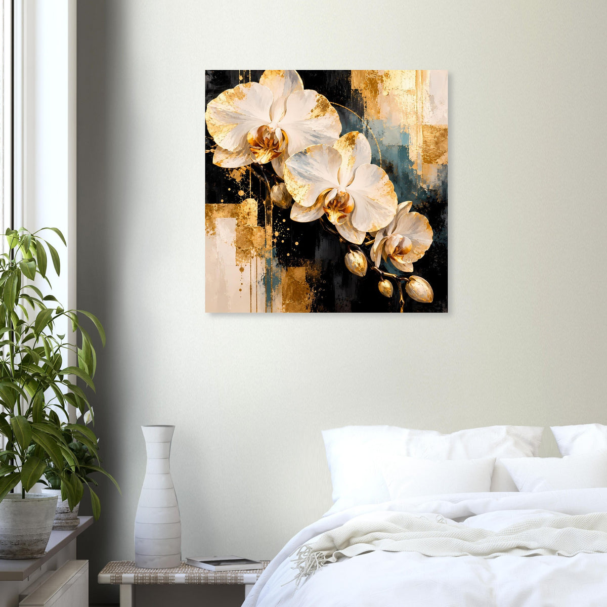 Wandposter mit weißen Orchideen und goldenen Akzenten, Blütenzweig im Fokus
