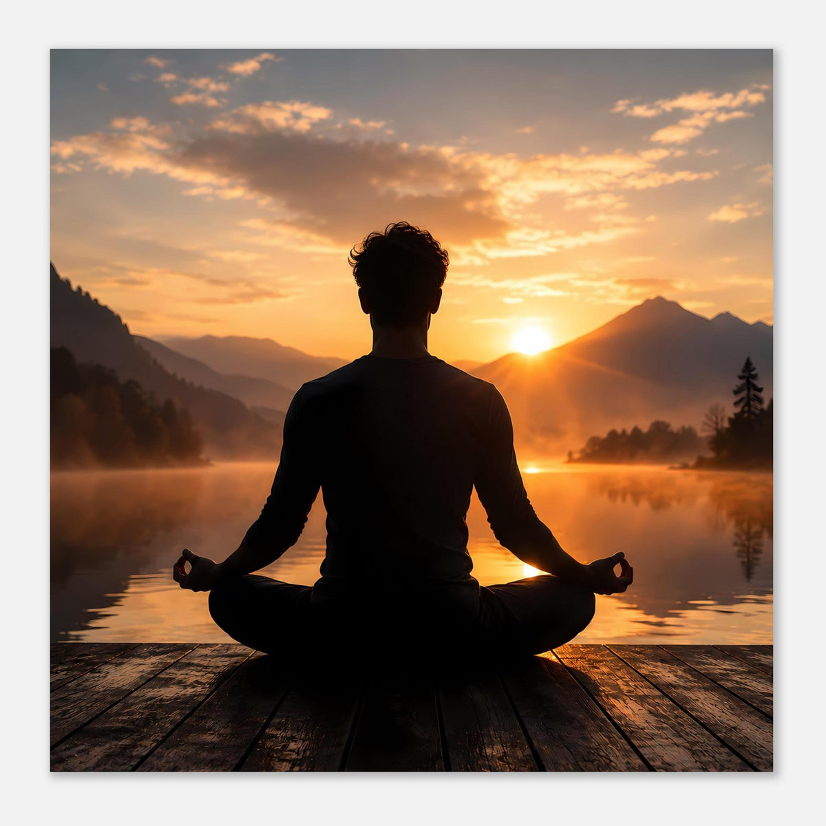 Poster mit Person in Meditationshaltung, Sonnenuntergang und Bergsilhouetten am See