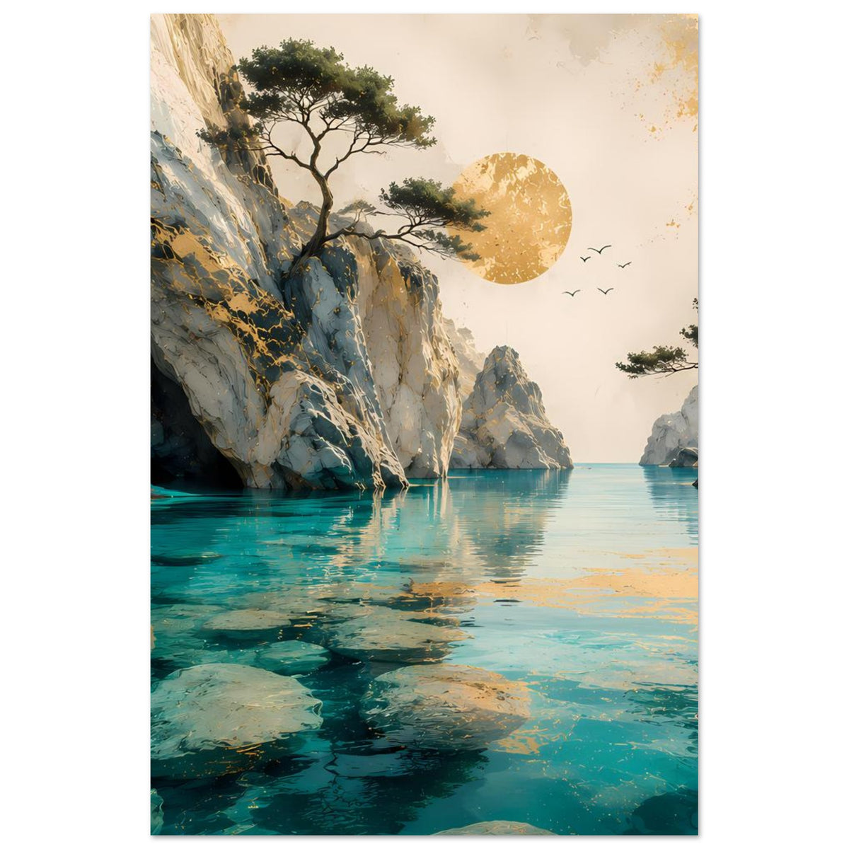 Vertikales Landschaftsposter mit türkisblauem Wasser, steilen Felsklippen, Baum und goldener Sonne