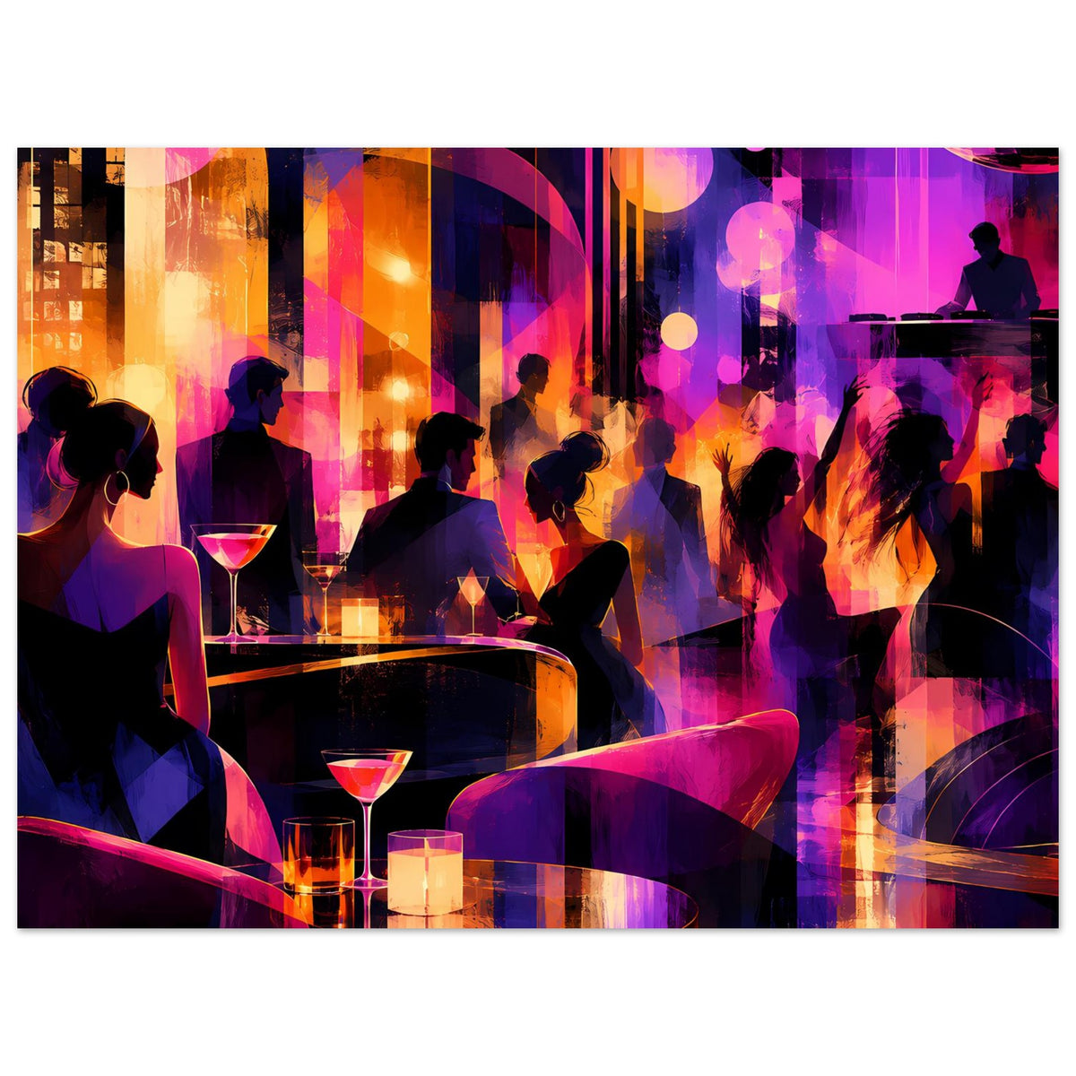 Nachtclub-Poster: Bar-Szene mit mehreren Getränken, orange-violette Lichtflächen, Silhouetten im Hintergrund.