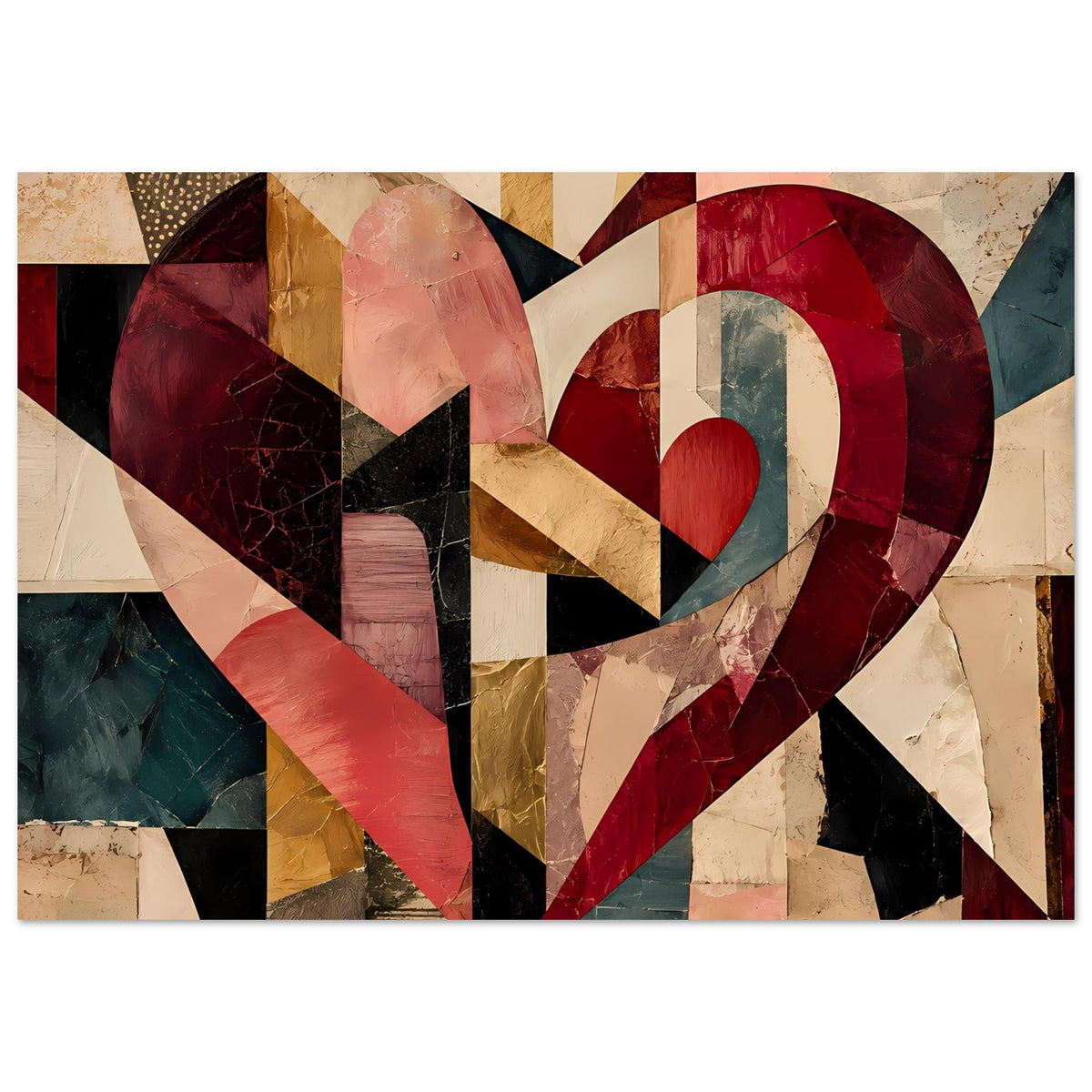 Breites Herzposter mit geometrischer Patchwork-Grafik in Rottönen, Beige und Dunkelblau