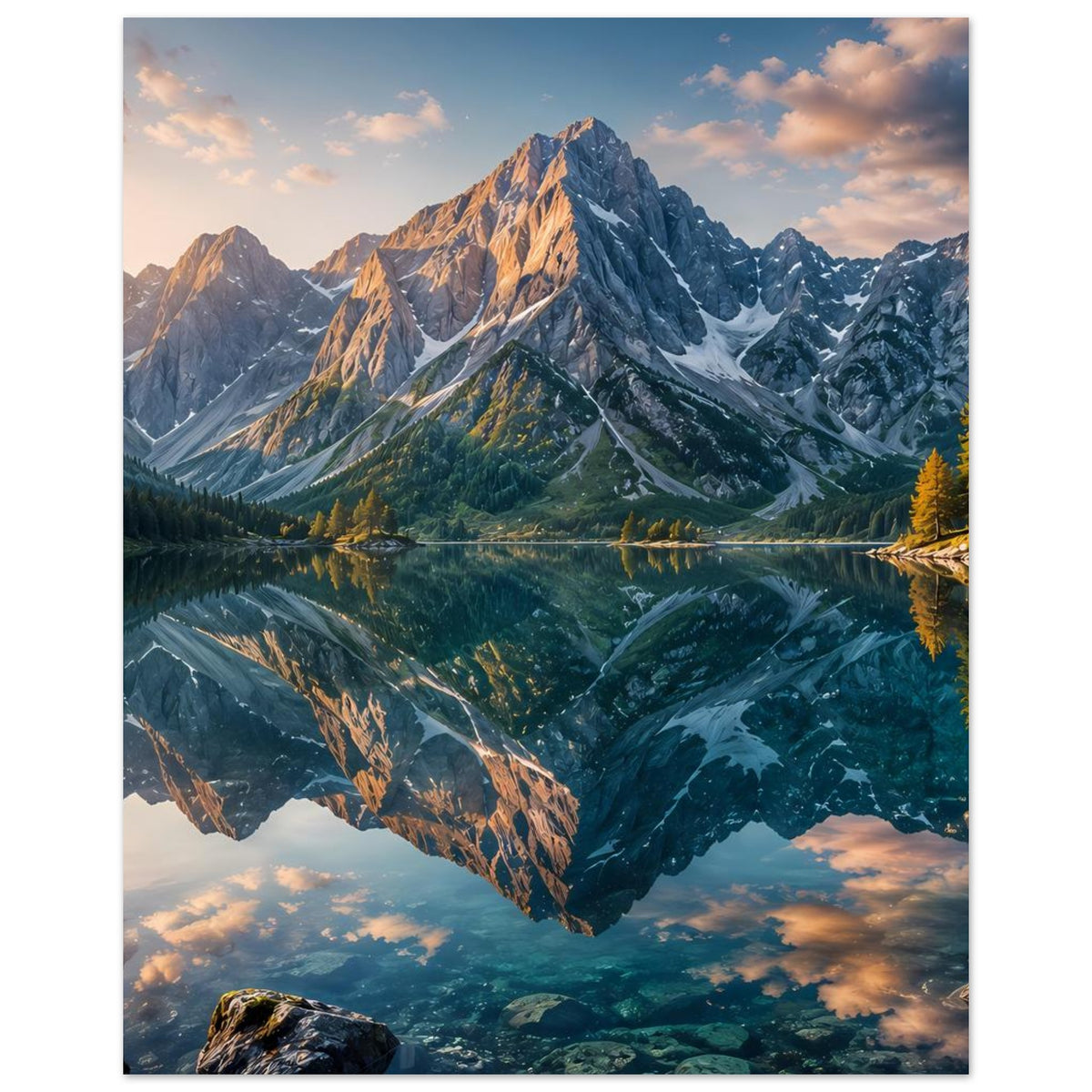 Poster mit Bergtal und See-Reflexion, türkisfarbene Spiegelung unter schneebedeckten Gipfeln