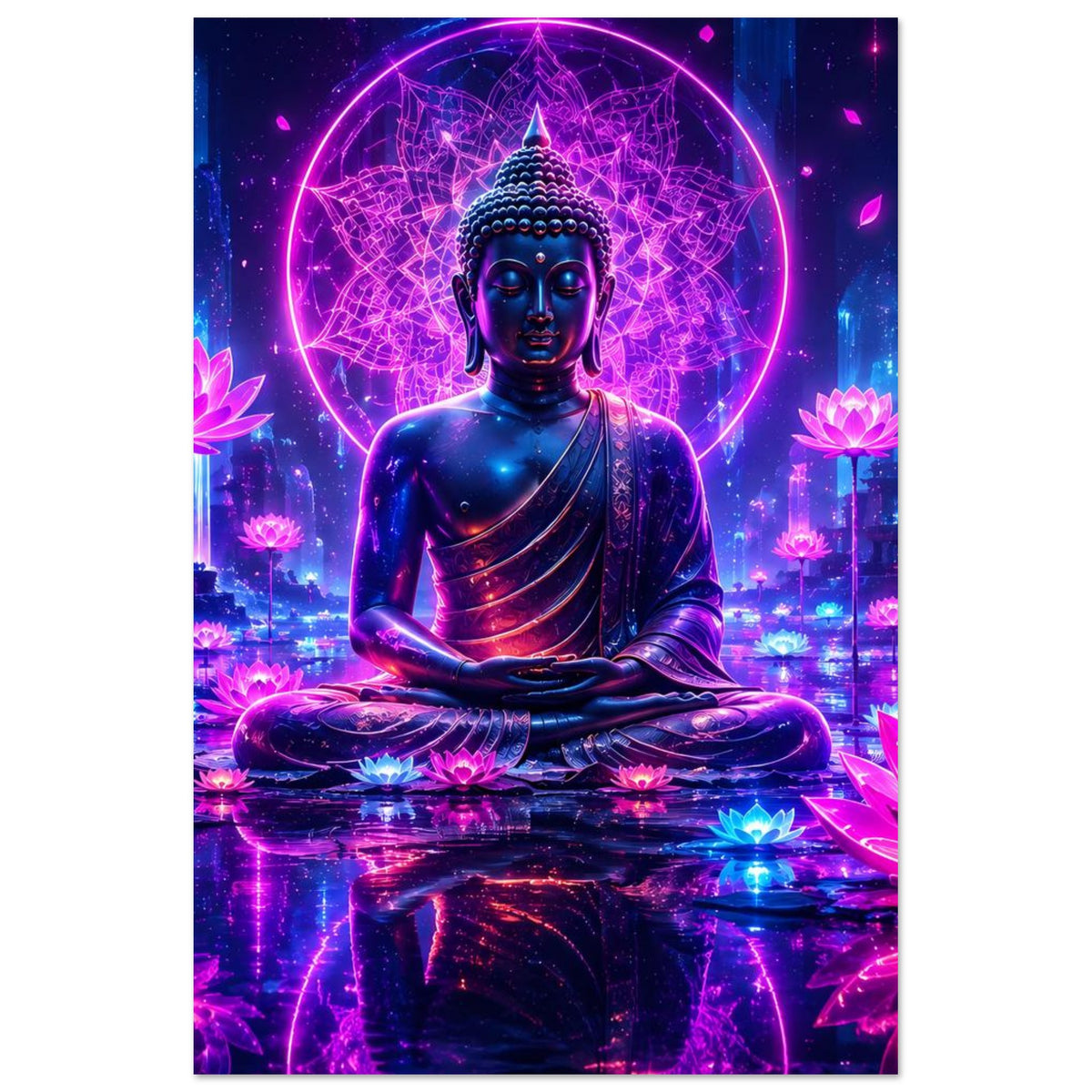 Meditations-Buddha im Lotussitz mit neon leuchtenden Lotusblüten und Kreis-Umriss