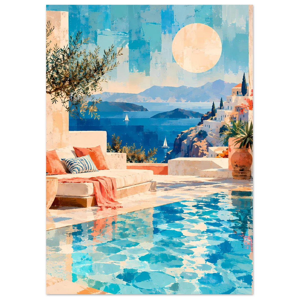 Kunstdruck mit blauem Pool, Liegestühlen, orangefarbenen Blumentöpfen und Küstenhügeln