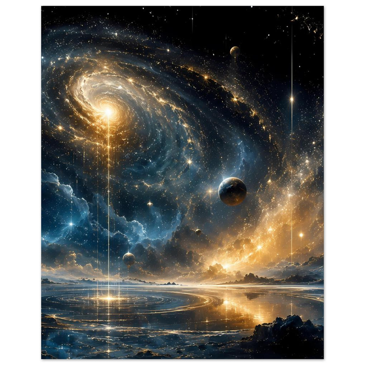 Weltraum-Poster mit Spiralgalaxie, leuchtendem Kern, Planeten und Sternen