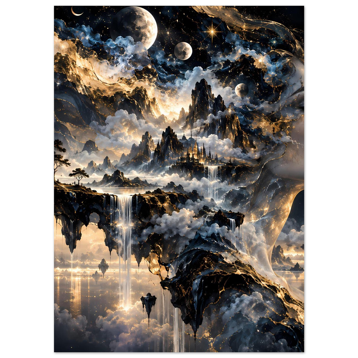 Kunstposter im Hochformat mit kosmischer Landschaft, Monden und blau-goldenen Lichtströmen