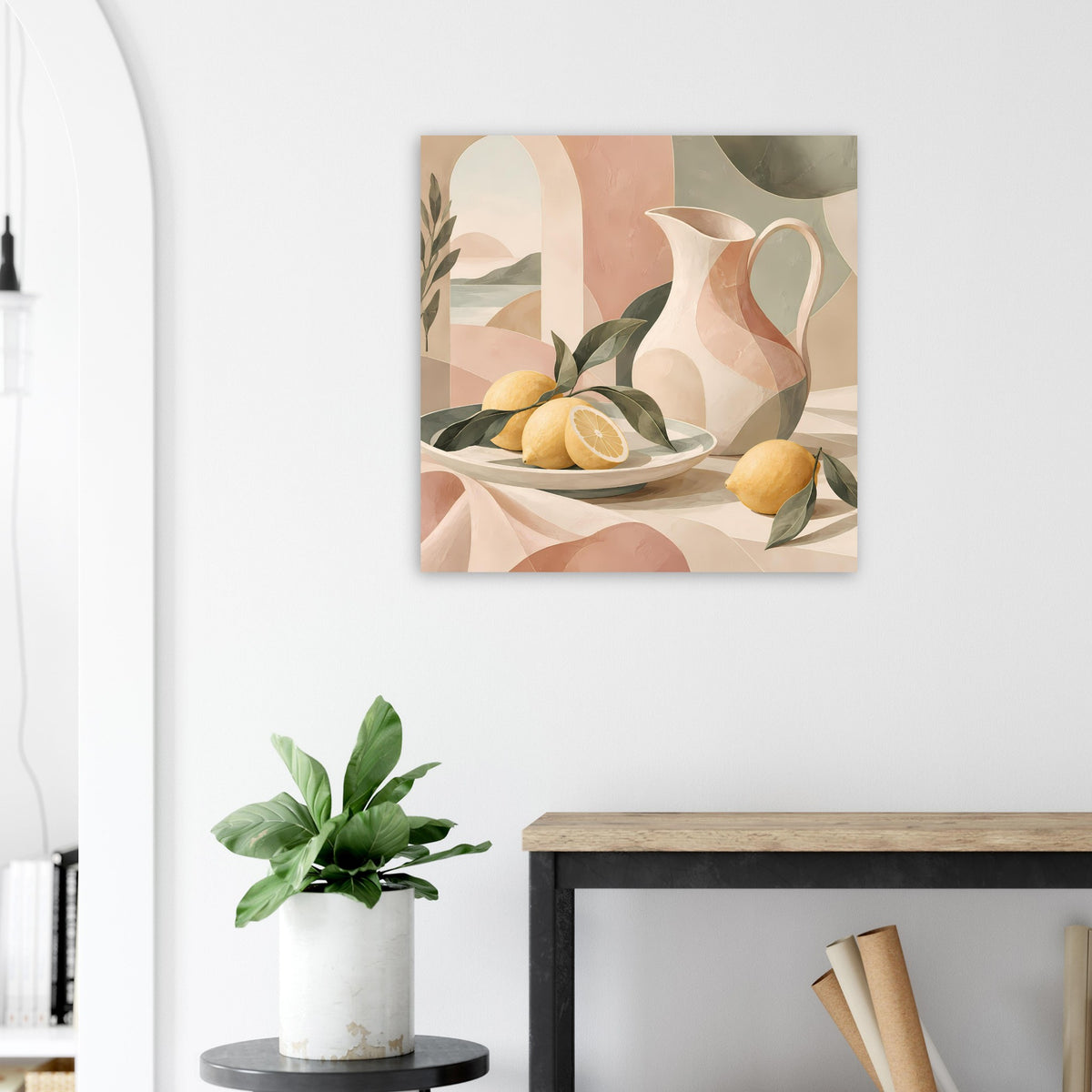 Mediterranes Stillleben-Poster mit Vase, Zitronen und Olivenzweigen in hellen Naturfarben.