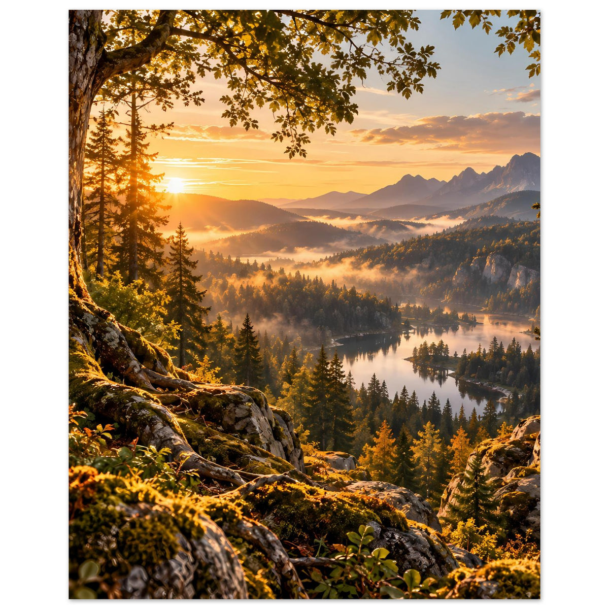 Landschaftsposter mit Sonnenaufgang über einem Bergsee, Nadelwald und Felsvordergrund