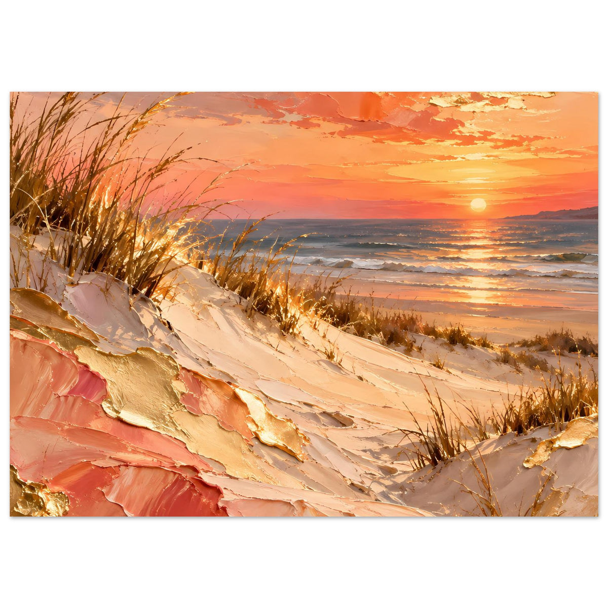 Querformatiges Meerposter: Sanddünen mit goldenen Details, pfirsichfarbener Abendhimmel