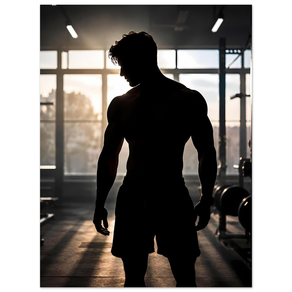 Vertikales Fitnessposter mit dunkler Athleten-Silhouette und ausgestreckter Hand