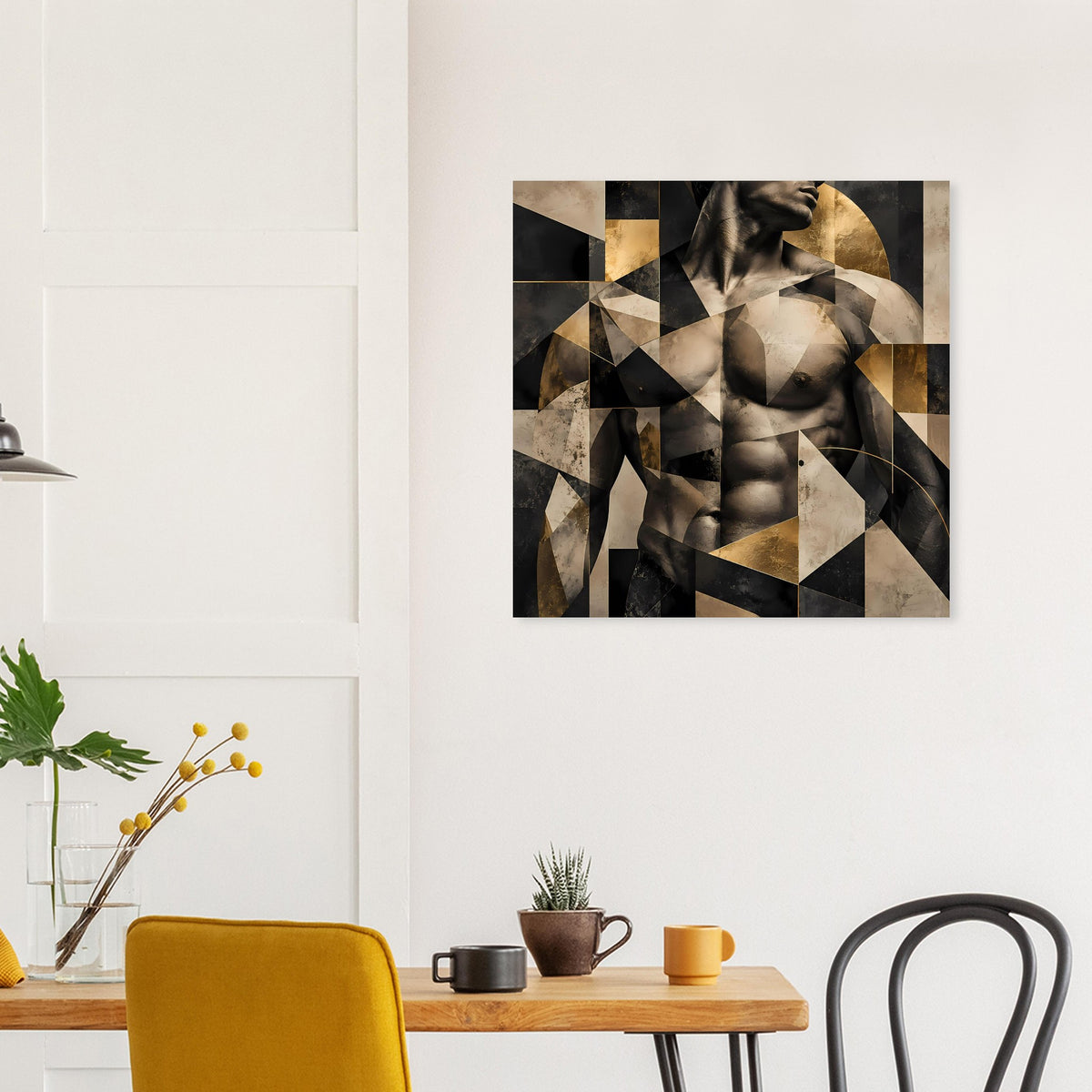 Gerahmtes abstraktes Akt-Poster mit diagonalen Kacheln in Schwarz, Beige und Gold