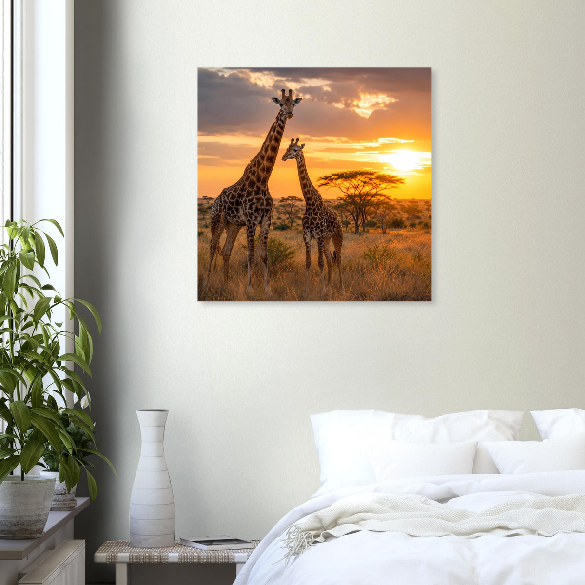 Poster mit zwei Giraffen im Gras bei Sonnenuntergang